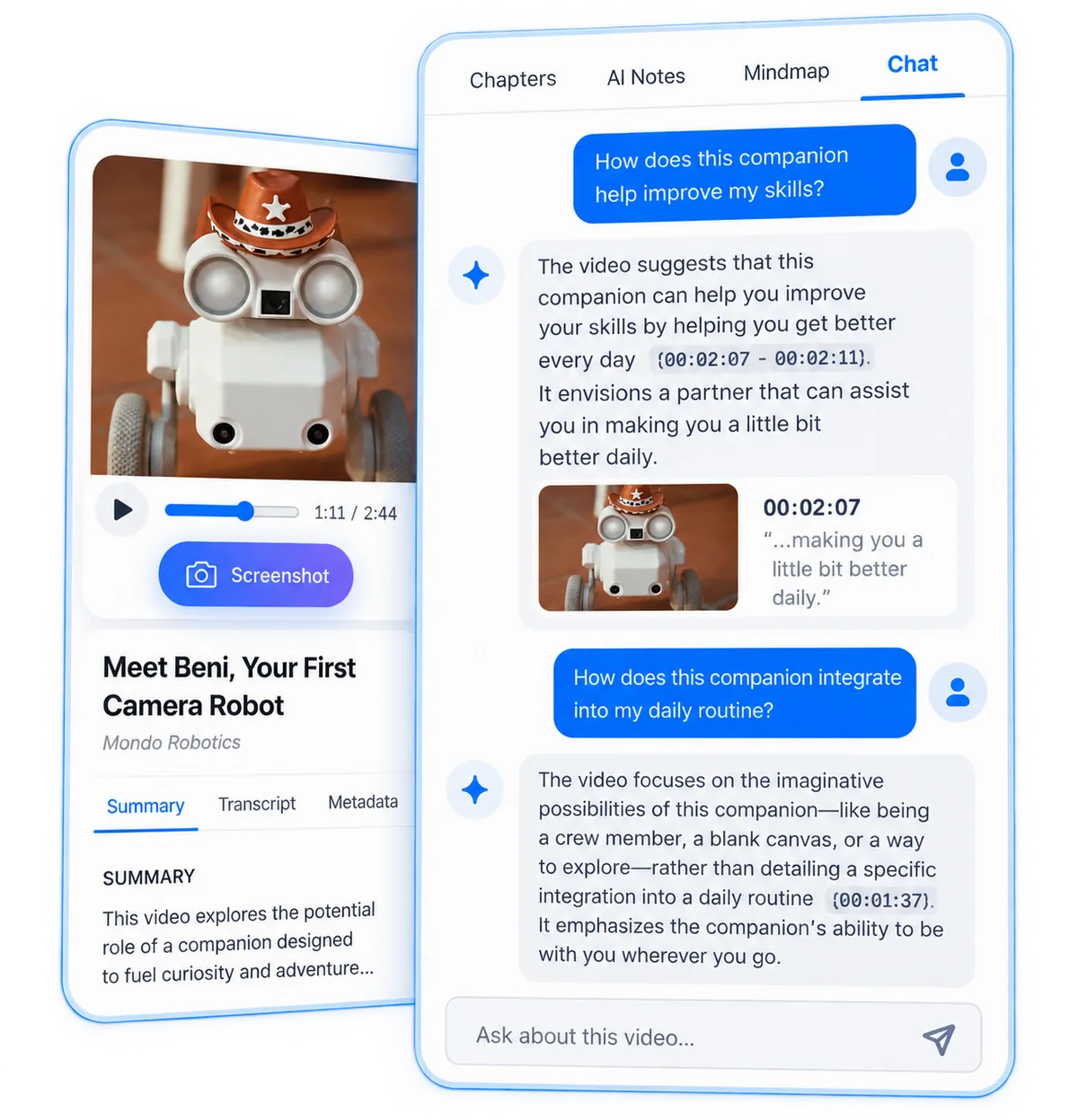 ScribeShot Chat with Video answering with timestamped visual evidence