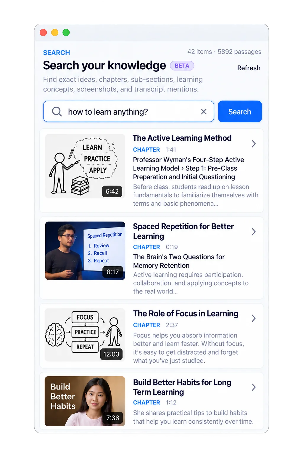 ScribeShot Knowledge Search retrieving relevant learning evidence