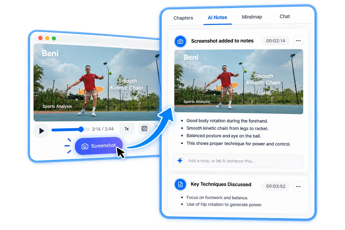 ScribeShot placing a timestamped video screenshot inside AI Notes