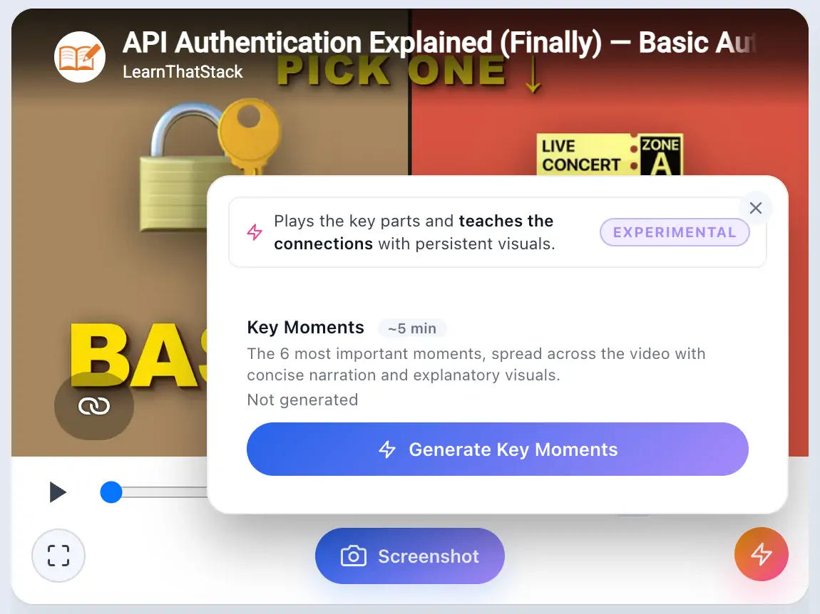 ScribeShot Key Moments setup popup with Generate Key Moments and an Experimental label
