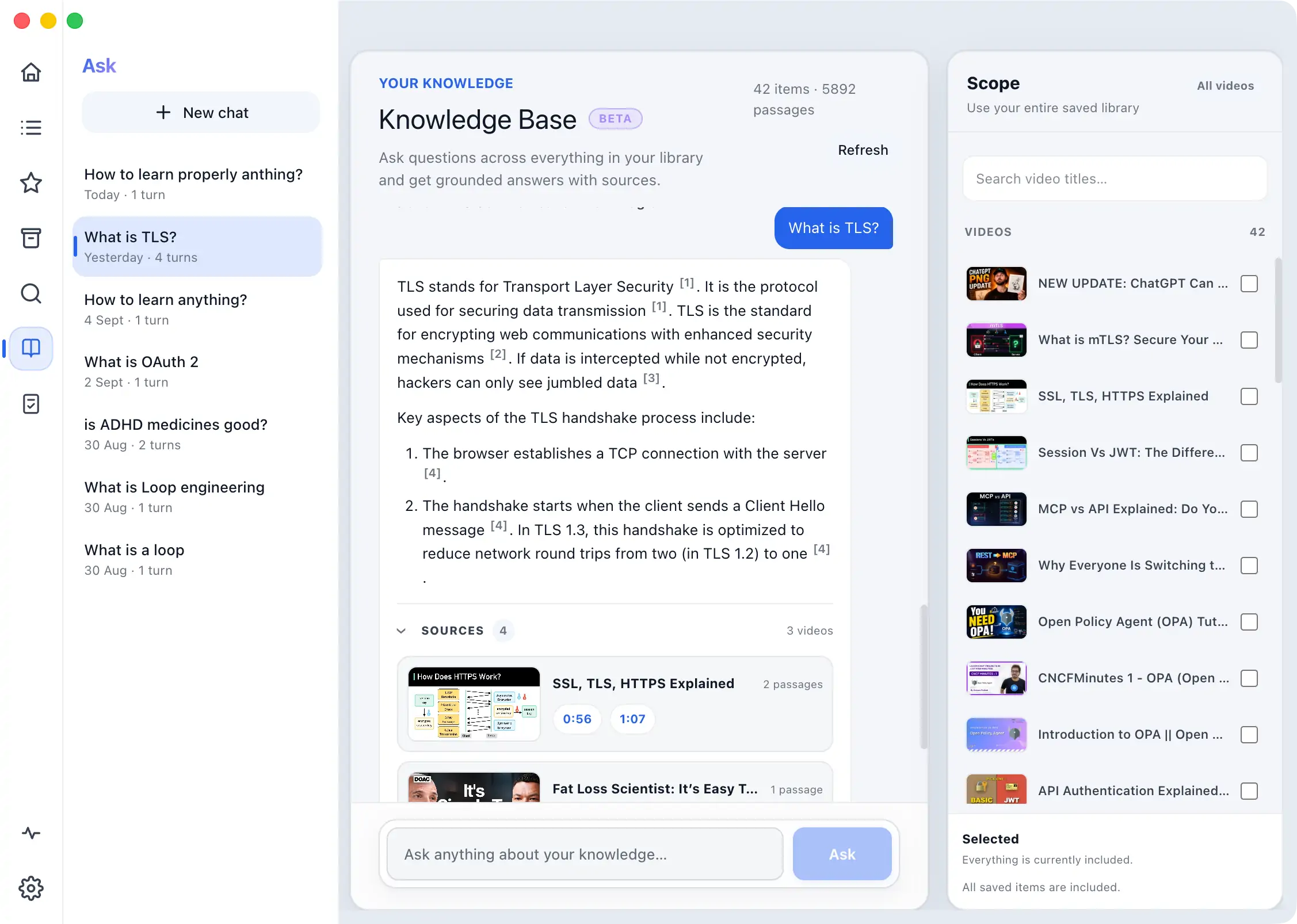 ScribeShot Ask Knowledge Base interface with answers grounded in saved video material