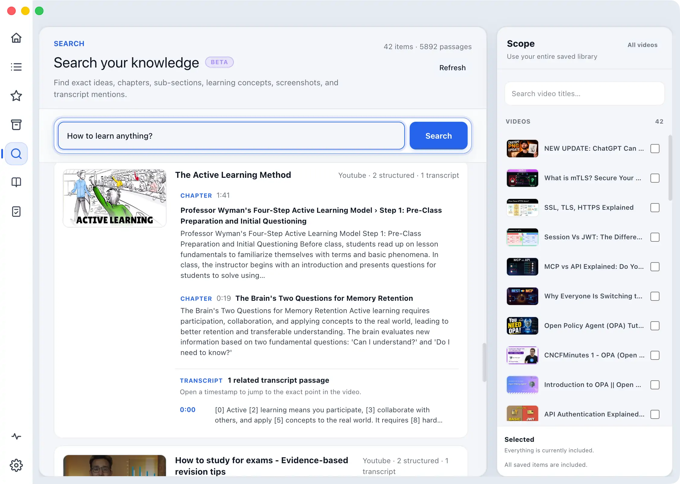 ScribeShot Knowledge Search showing grouped matching chapters across saved videos