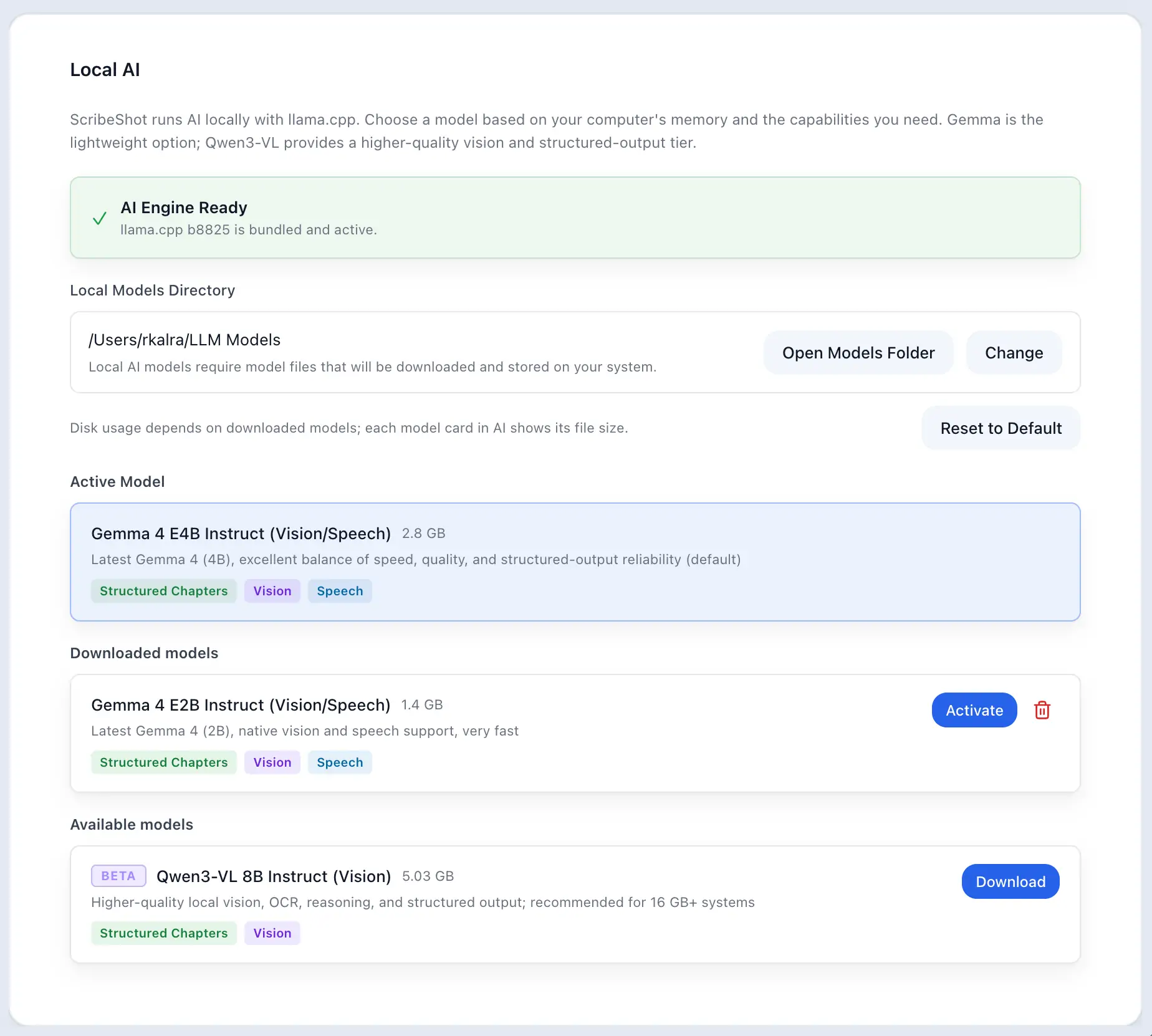 ScribeShot settings interface showing local AI model setup on macOS