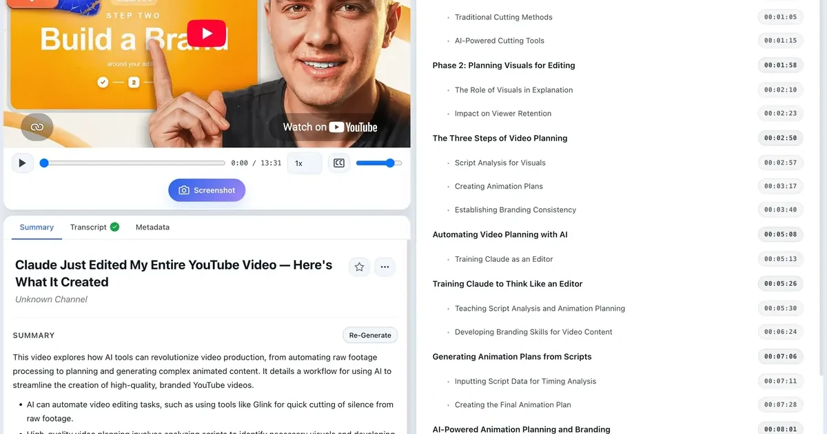 ScribeShot showing a video player beside a timestamped chapter list