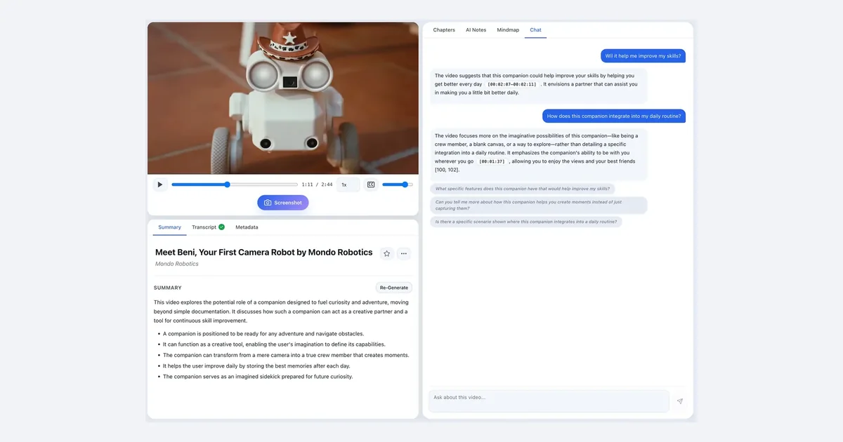 ScribeShot application workspace showing video player, chapters, notes, and mind map